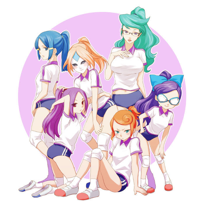 6+girls ass barazono_han blue_eyes blue_hair breasts buruma glasses green_hair hasuike_an inazuma_eleven inazuma_eleven_(series) kori_(etinop) kurakake_clara kurione_yuki large_breasts long_hair mask multiple_girls nitou_honoka orange_hair ponytail purple_hair ribbon touchi_ai