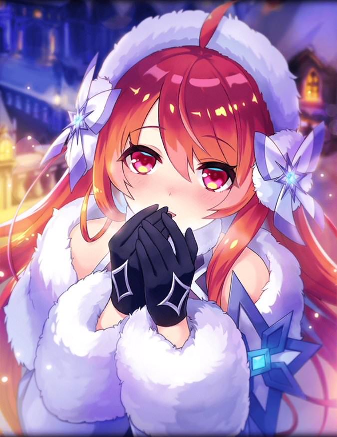 1girl ahoge ancient_killers_(phantom_of_the_kill) artist_request black_gloves blowing_on_hands blush coat fur_hairband fur_trim gloves hairband hercule_(phantom_of_the_kill) long_hair official_art phantom_of_the_kill red_eyes red_hair snow town winter_clothes winter_coat