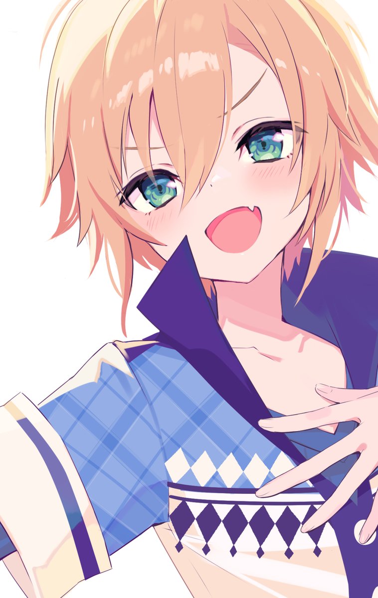 1boy blonde_hair blue_jacket blue_shirt collarbone fang fingernails fuubuu green_eyes hair_between_eyes hair_flaps hand_on_own_chest highres jacket long_sleeves looking_at_viewer male_focus nijisanji open_mouth shirt short_hair short_sleeves simple_background skin_fang smile solo upper_body uzuki_kou v-shaped_eyebrows virtual_youtuber white_background