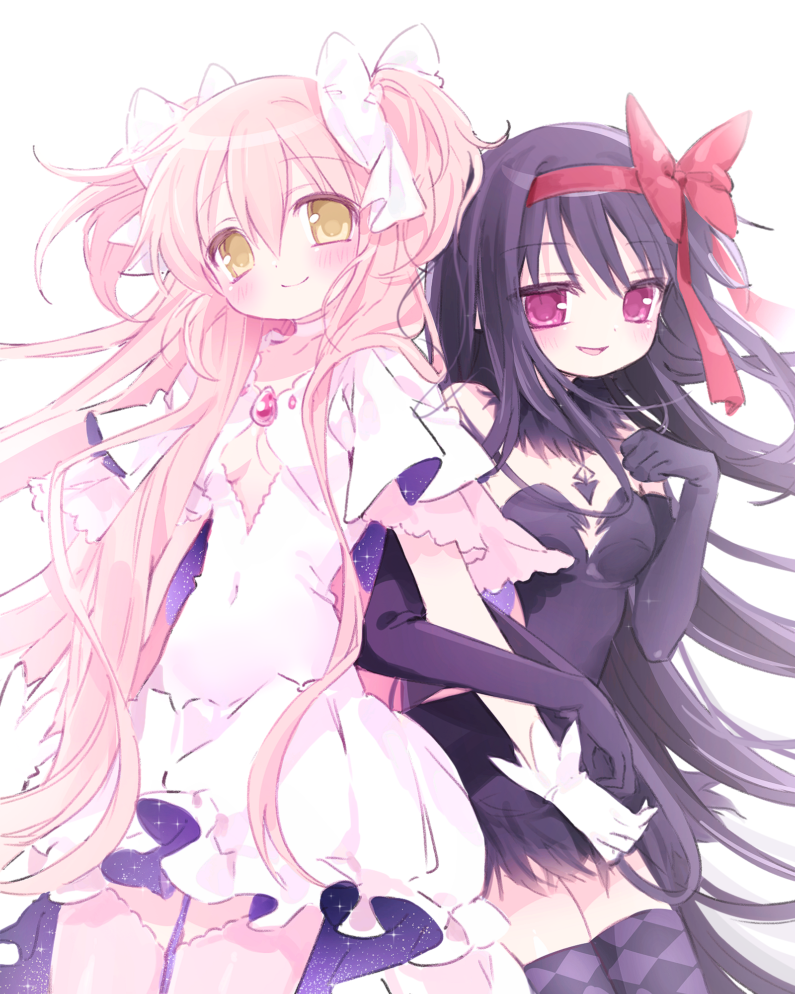 2girls akemi_homura akuma_homura argyle_clothes argyle_thighhighs black_dress black_gloves black_hair bow breasts cleavage_cutout clothing_cutout cowboy_shot dress elbow_gloves female_focus gloves hair_bow hair_ribbon highres kaname_madoka locked_arms long_hair looking_at_viewer mahou_shoujo_madoka_magica mahou_shoujo_madoka_magica_(anime) mipi_(u3u_00) multiple_girls pink_hair pink_thighhighs purple_eyes red_ribbon ribbon simple_background small_breasts smile thighhighs two_side_up ultimate_madoka very_long_hair white_background white_bow white_dress yellow_eyes