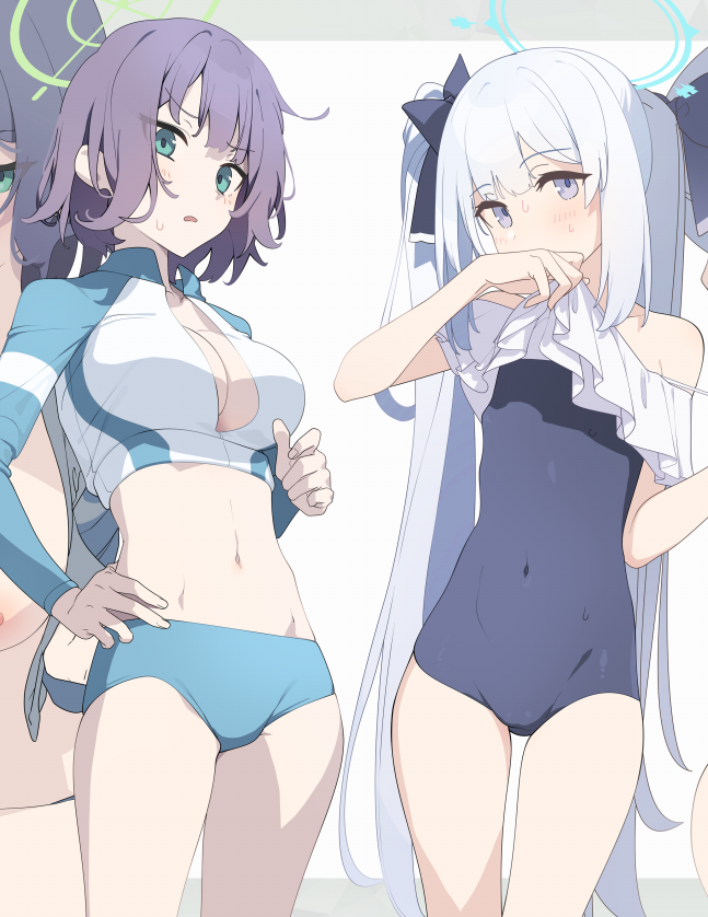 2girls akinashi_yuu aqua_eyes blue_archive blue_eyes breasts cleavage flat_chest halo large_breasts long_hair miyako_(blue_archive) miyako_(swimsuit)_(blue_archive) multiple_girls navel one-piece_swimsuit purple_hair saki_(blue_archive) saki_(swimsuit)_(blue_archive) short_hair simple_background small_breasts swimsuit white_background white_hair