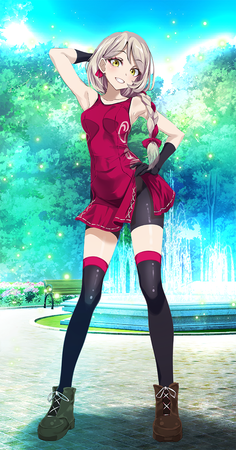 1girl bench bike_shorts black_gloves black_shorts black_thighhighs blonde_hair boots bow braid breasts brown_boots dress fire_emblem fire_emblem_engage fountain framme_(fire_emblem) full_body gloves grey_hair grin hat highres long_hair looking_at_viewer medium_breasts multicolored_hair nintendo outdoors park park_bench plaid red_dress ribbon shorts single_braid sleeveless sleeveless_dress smile solo standing thighhighs tsukishiro_saika two-tone_hair yellow_eyes