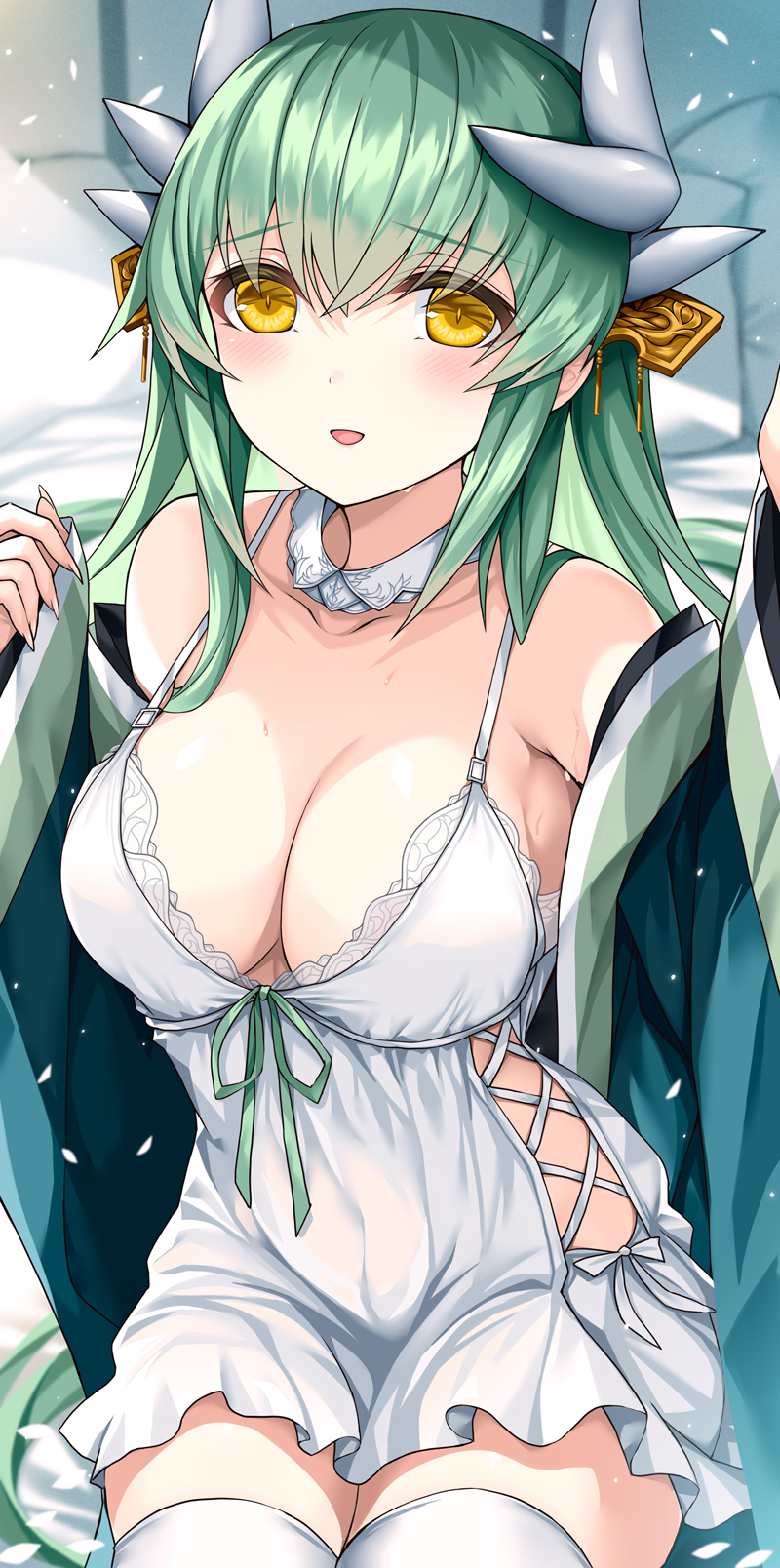 1girl bare_shoulders blush breasts cleavage collarbone commentary_request dragon_girl dragon_horns dress fate/grand_order fate_(series) green_hair highres horns japanese_clothes kiyohime_(fate) large_breasts long_hair long_sleeves looking_at_viewer morizono_shiki off_shoulder parted_lips smile solo thighhighs thighs white_dress white_thighhighs yellow_eyes