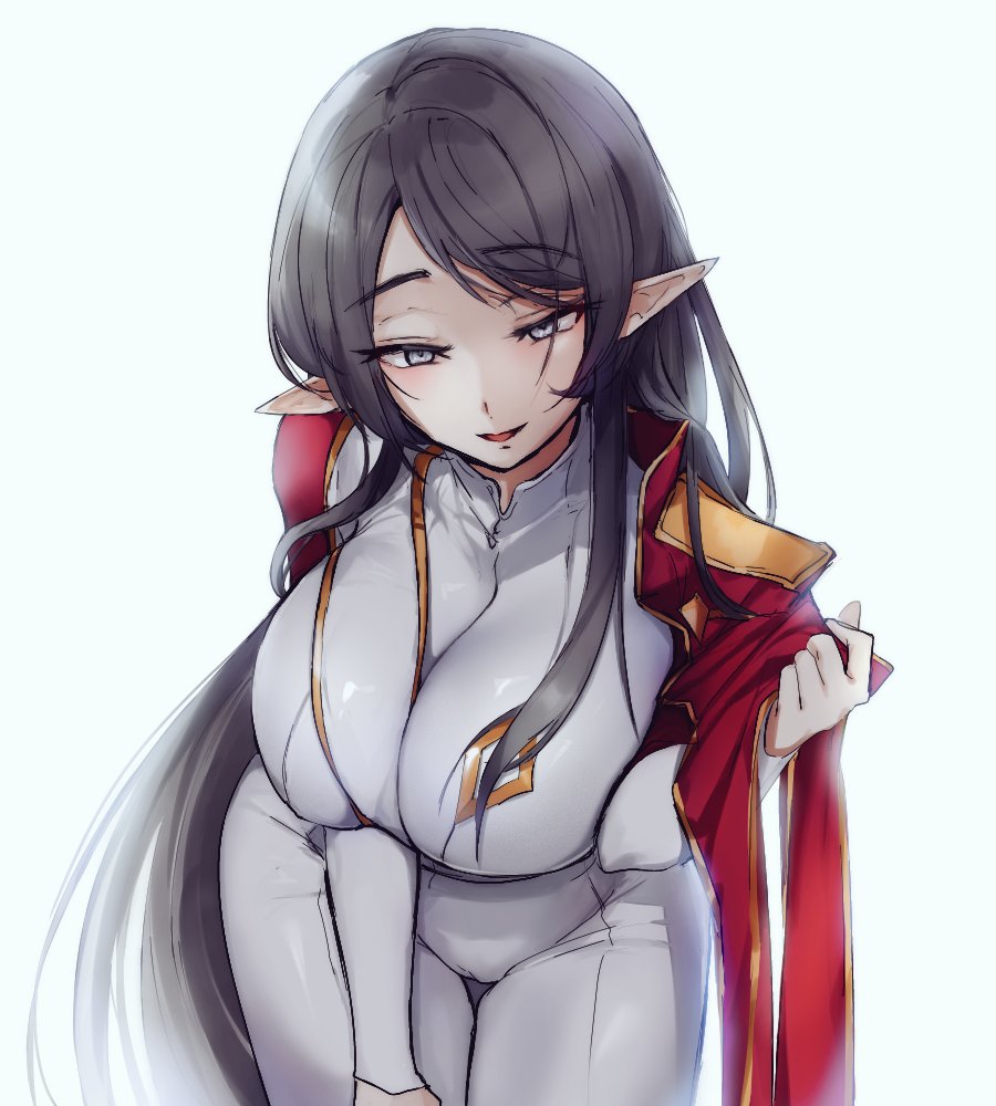 1girl adele_(maplestory) black_hair breasts cape charles_(gu599) knight large_breasts leaning_forward long_hair long_sleeves maplestory open_mouth pointy_ears red_cape seductive_smile smile solo uniform upper_body white_background