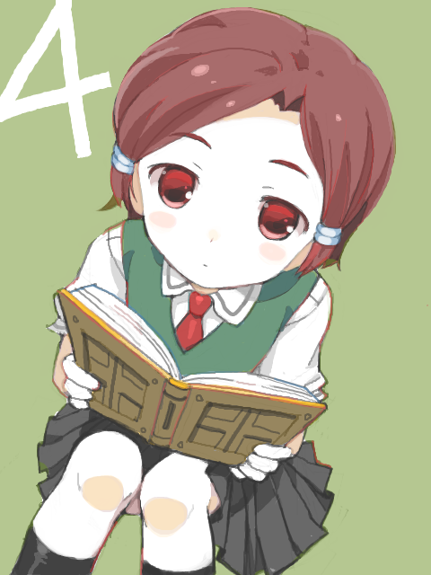 1girl black_skirt black_socks blush book brown_hair closed_mouth collared_shirt curtained_hair dot_mouth dot_nose expressionless feet_out_of_frame fortune_summoners from_above green_background green_vest hair_tie holding holding_book knees_up looking_at_viewer louise_(fortune_summoners) necktie numbered open_book parted_bangs pleated_skirt reading red_eyes red_necktie shirt short_hair simple_background sitting skirt socks solo takeda_mika tegaki vest white_shirt