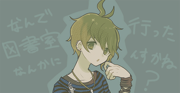 1boy amami_rantaro antenna_hair blue_shirt bracelet brown_bracelet collarbone commentary_request danganronpa_(series) danganronpa_v3:_killing_harmony ear_piercing earrings eyelashes green_background green_eyes green_hair hair_between_eyes hand_on_own_cheek hand_on_own_face jewelry male_focus miwasiba multiple_bracelets multiple_piercings open_mouth pendant piercing shirt short_hair solo striped_clothes striped_shirt stud_earrings translation_request two-tone_shirt upper_body