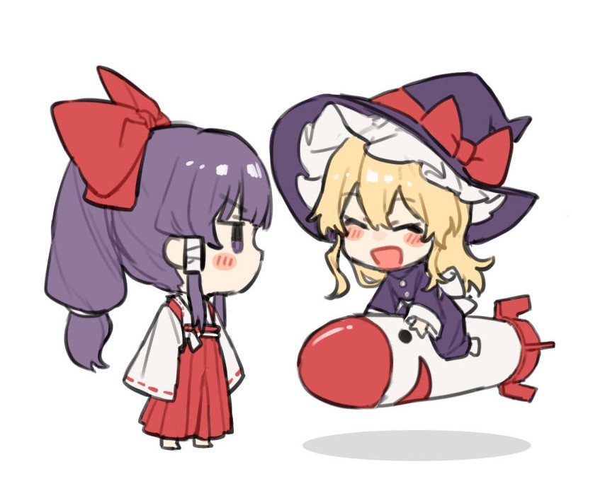 2girls :d black_headwear blonde_hair bow closed_eyes full_body hair_bow hakama hakurei_reimu hakurei_reimu_(pc-98) hat hat_bow japanese_clothes jill_07km kirisame_marisa kirisame_marisa_(pc-98) long_hair looking_at_another miko mimi-chan multiple_girls open_mouth ponytail red_bow red_hakama ribbon-trimmed_sleeves ribbon_trim sidelocks smile touhou touhou_(pc-98) wide_sleeves