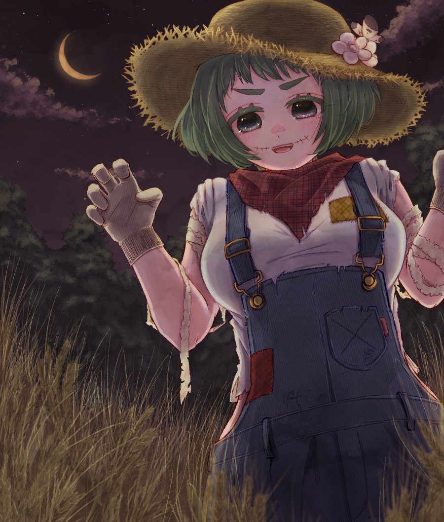 1girl alternate_costume bandaged_arm bandages bandana bandana_around_neck black_eyes butterfly_on_hat claw_pose cloud cloudy_sky cowboy_shot crescent_moon fake_strawhat_crew flower glasgow_smile green_hair hat hat_flower kimi_no_koto_ga_dai_dai_dai_dai_daisuki_na_100-nin_no_kanojo medium_hair moon oknomyk overalls patchwork_clothes plaid_bandana shirt sky solo star_(sky) starry_sky straw_hat teeth tree upper_teeth_only wheat_field white_shirt work_gloves yasashiki_yamame