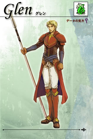 1boy armor black_eyes blonde_hair boots fire_emblem fire_emblem:_the_sacred_stones full_body glen glen_(fire_emblem) gloves gradient_background lance lowres male_focus nintendo pants polearm serious solo weapon wyvern_rider