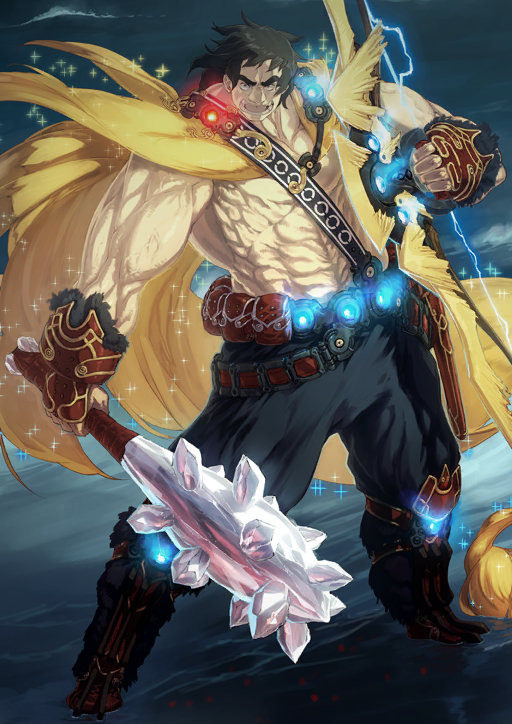 1boy abs arm_at_side armored_boots armored_gloves belt belt_pouch big_nose black_pants blue_background boots bow_(weapon) brown_hair cape club club_(weapon) fate/grand_order fate_(series) fingerless_gloves full_body fur-trimmed_gloves fur_boots fur_trim game_cg gloves glowing hand_up holding holding_bow_(weapon) holding_club holding_weapon i-iv_(longman) legs_apart looking_at_viewer male_focus medium_hair muscular muscular_male official_art open_mouth pants pectorals pouch sash sheath sheathed shoulder_sash shouting smile solo sparkle spiked_club standing super_orion_(fate) sword teeth thick_eyebrows third-party_source topless_male veins weapon yellow_cape