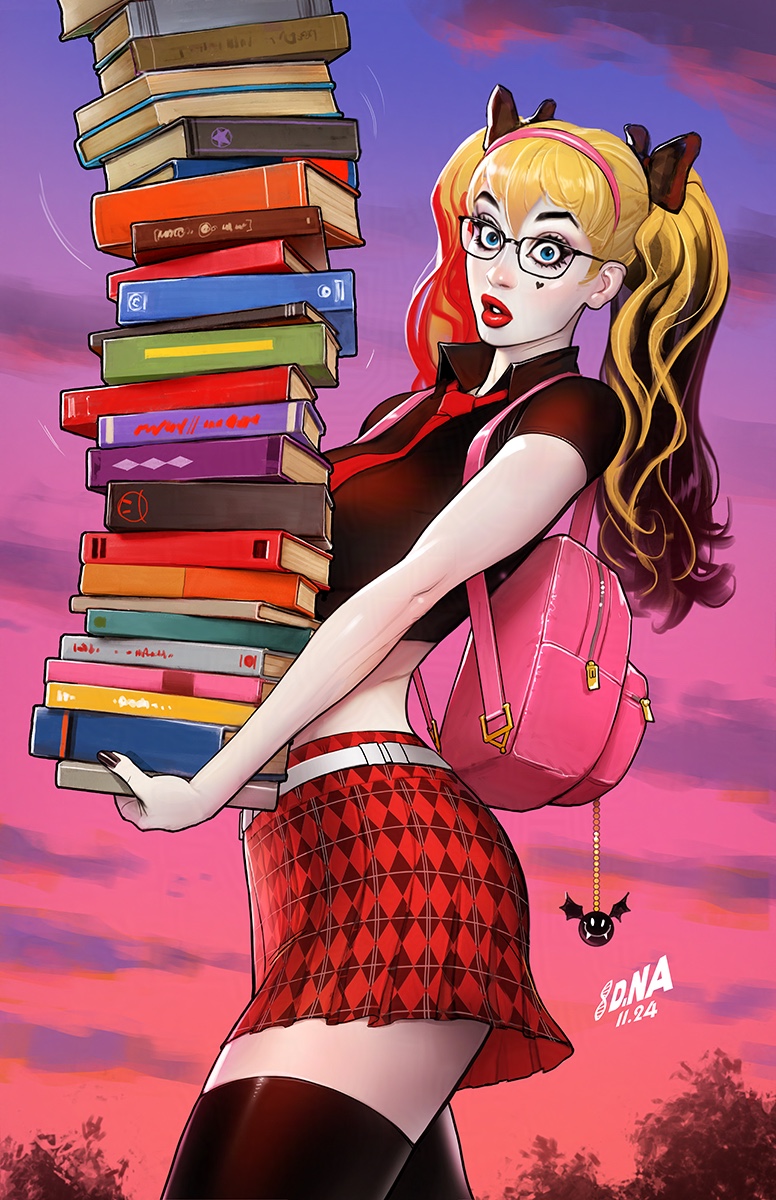 1girl alternate_costume argyle_clothes argyle_skirt backpack bag batman_(series) belt black_hair black_shirt black_thighhighs blonde_hair blue_eyes book book_stack collared_shirt colored_skin comic_cover david_nakayama dc_comics dusk glasses harley_quinn highres holding holding_book initial long_hair looking_at_viewer midriff multicolored_hair necktie official_art outdoors pink_bag red_hair red_lips red_necktie red_skirt shirt short_sleeves skirt solo textless_version thighhighs twintails white_belt white_skin