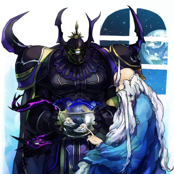2boys aquarium armor bad_id bad_pixiv_id beard cape dragon earth_(planet) eyebrows facial_hair final_fantasy final_fantasy_iv full_armor fusoya golbez grey_hair helmet long_hair male_focus multiple_boys mustache parody shadow_dragon shako space star_(symbol) uncle_and_nephew very_long_hair water window