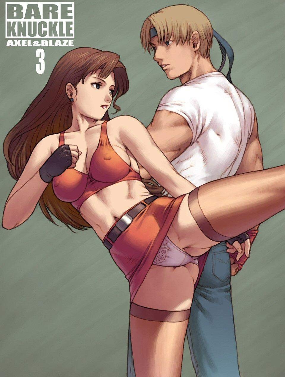 1boy 1girl abs axel_stone streets_of_rage streets_of_rage_3 blaze_fielding bra breasts brown_hair circle_garyuu clothes_lift covered_erect_nipples fingerless_gloves game_console gloves high_kick highres jpeg_artifacts kicking lingerie long_hair midriff miniskirt muscular panties pantyshot pencil_skirt sega sega_mega_drive sideboob skirt skirt_lift thighhighs thighs underwear upskirt video_game