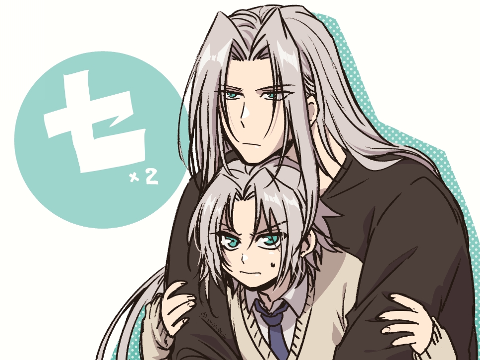 20x26tks 2boys alternate_costume aqua_eyes blue_necktie brown_sweater casual commentary_request drop_shadow expressionless final_fantasy final_fantasy_vii final_fantasy_vii_ever_crisis grey_hair hands_on_another&#039;s_arms hands_up hug hug_from_behind long_bangs long_hair looking_at_viewer looking_to_the_side male_focus multiple_boys multiple_persona necktie parted_bangs sephiroth sephiroth_(ever_crisis) sephiroth_(shinra_formal_uniform) shirt short_hair signature sweatdrop sweater sweater_vest time_paradox upper_body white_shirt wing_collar