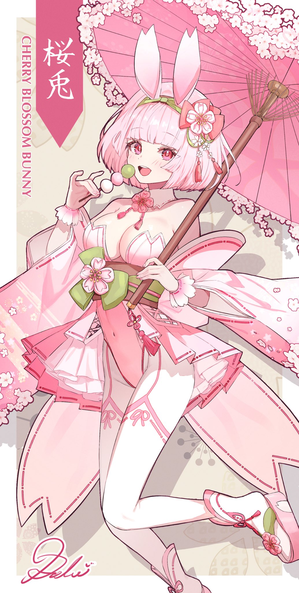 1girl animal_ears bare_shoulders blush breasts brown_sash covered_navel dango detached_sleeves dolce_(dolsuke) food highres holding holding_umbrella leotard looking_at_viewer medium_hair open_mouth original pantyhose parasol pink_eyes pink_hair pink_leotard pink_sandals pink_sleeves playboy_bunny rabbit_ears rabbit_girl sandals signature smile solo tabi teeth umbrella upper_teeth_only wagashi white_pantyhose