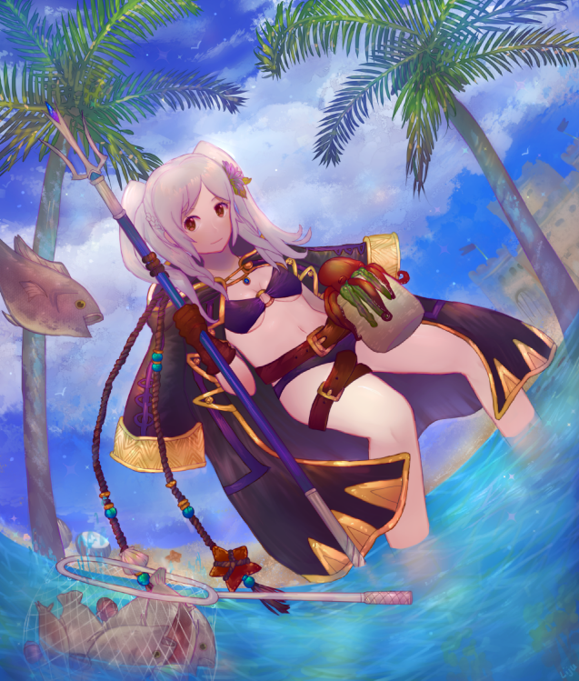 1girl bad_id bad_twitter_id beach bikini cloak coconut_tree day female_focus female_robin_(fire_emblem) fire_emblem fire_emblem_awakening fire_emblem_heroes fish hair_ornament lijupy looking_at_viewer nintendo outdoors palm_tree smile solo swimsuit tree twintails white_hair