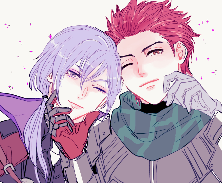 2boys armor breastplate cheek_pull closed_mouth collared_shirt commentary_request emushino eyelashes fire_emblem fire_emblem:_three_houses fire_emblem_warriors:_three_hopes gloves green_scarf hair_between_eyes hair_slicked_back hand_on_another&#039;s_face long_hair male_focus multicolored_gloves multiple_boys mystical_high_collar nintendo one_eye_closed pauldrons purple_eyes purple_hair red_eyes scarf shirt shoulder_armor side-by-side side_ponytail simple_background smile sparkle sylvain_jose_gautier upper_body white_background white_gloves yuri_leclerc