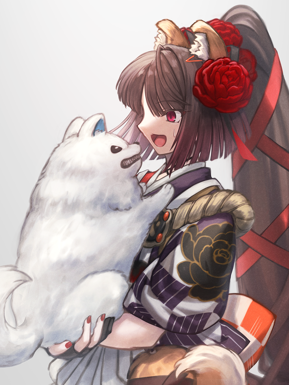 1girl animal_ears breasts brown_hair cavall_ii_(fate) checkered_clothes checkered_kimono dog dog_ears fate/grand_order fate_(series) floral_print flower grey_kimono hair_ornament highres japanese_clothes kimono kyokutei_bakin_(fate) kyokutei_bakin_(first_ascension)_(fate) long_hair peony_(flower) peony_print red_eyes ribbon samoyed_(dog) shoori_(migiha) solo sweat takeuchi_takashi_(style) the_bared_teeth very_long_hair white_dog wide_sleeves