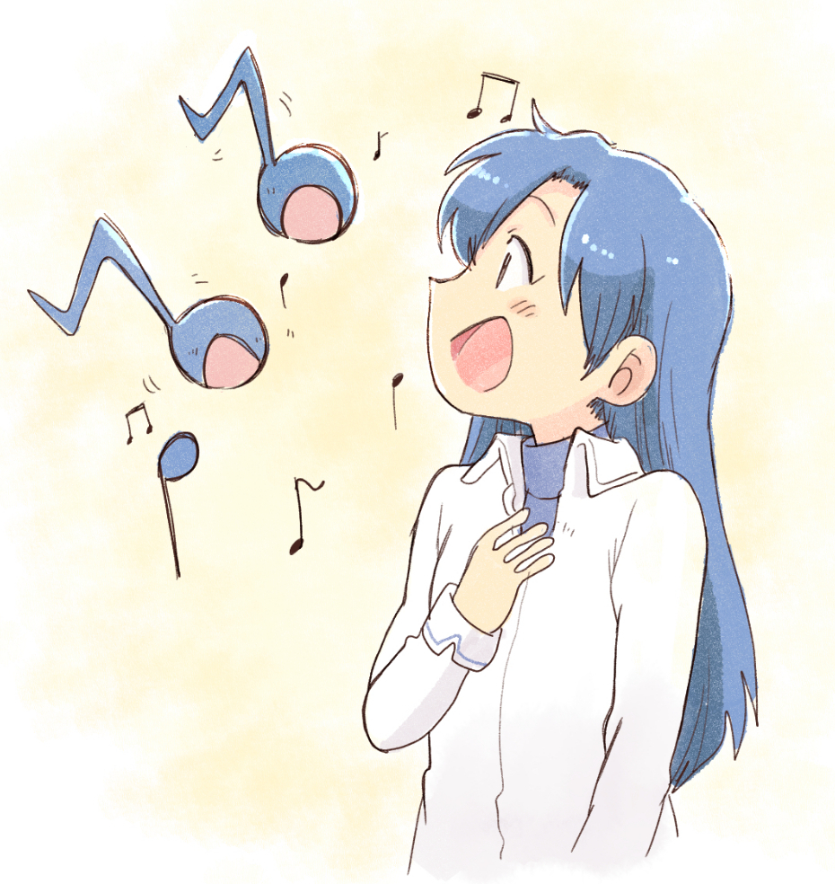 1girl blue_hair blush collared_shirt hand_up happy idolmaster idolmaster_(classic) idolmaster_1 kisaragi_chihaya long_hair long_sleeves looking_to_the_side music musical_note open_mouth shirt singing smile solo tsubobot upper_body white_shirt