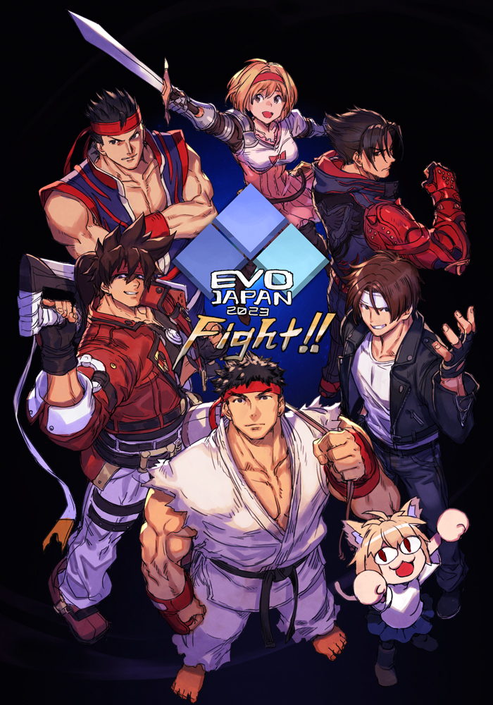 2girls 5boys animal_ears arc_system_works barefoot biceps black_hair black_jacket blonde_hair brown_hair capcom cat_ears cat_tail crossover djeeta_(granblue_fantasy) dougi evolution_championship_series gauntlets granblue_fantasy granblue_fantasy_versus guilty_gear guilty_gear_strive hairband headband hungry_clicker jacket kazama_jin kusanagi_kyou looking_at_viewer melty_blood melty_blood:_type_lumina multiple_boys multiple_crossover multiple_girls muscular muscular_male namco neco-arc open_clothes open_jacket pink_hairband red_headband ryu_(street_fighter) sega skirt smile snk sol_badguy street_fighter street_fighter_v tail tekken tekken_7 the_king_of_fighters the_king_of_fighters_xv tsukihime virtua_fighter virtua_fighter_5 white_headband yuki_akira