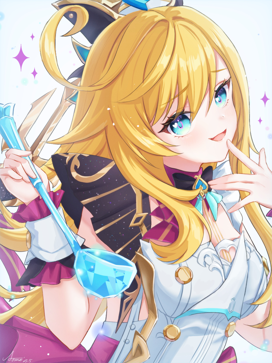 1girl aomo artist_name black_bow black_bowtie blonde_hair blue_eyes bow bowtie breasts buttons commentary cowlick dress escoffier_(genshin_impact) finger_to_mouth frilled_dress frills genshin_impact hair_between_eyes hands_up hat heart heart_in_eye highres holding holding_ladle ladle light_particles long_hair looking_at_viewer sidelocks simple_background smile solo sparkle symbol_in_eye upper_body very_long_hair white_background white_dress wrist_cuffs