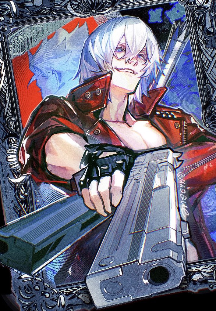2boys aiming back-to-back bishounen black_gloves blue_eyes brothers coat commentary dante_(devil_may_cry) devil_may_cry devil_may_cry_(series) devil_may_cry_3 ebony_&amp;_ivory english_commentary fingerless_gloves gloves gun hair_slicked_back holding jacket looking_at_viewer male_focus multiple_boys picture_frame pointing pointing_at_viewer rebellion_(sword) red_background red_coat short_hair siblings smile smirk sword topless_male twitter_username vergil_(devil_may_cry) weapon white_hair www_(1184187582)