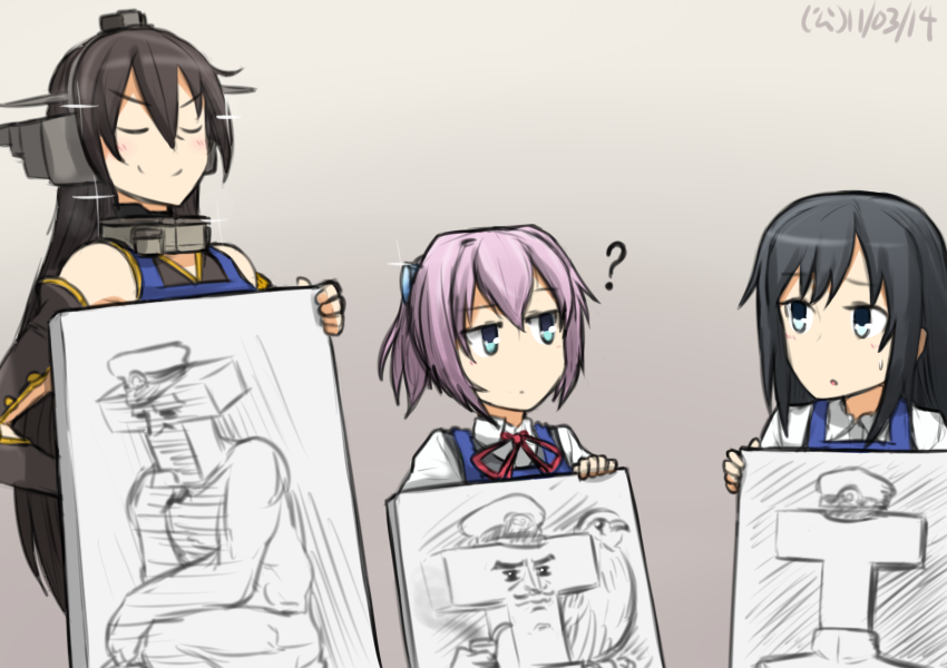 3girls ? asashio_(kancolle) black_hair fine_art_parody hamu_koutarou kantai_collection long_hair multiple_girls nagato_(kancolle) parody pink_hair ponytail school_uniform shiranui_(kancolle) sketch smile sweat t-head_admiral the_thinker