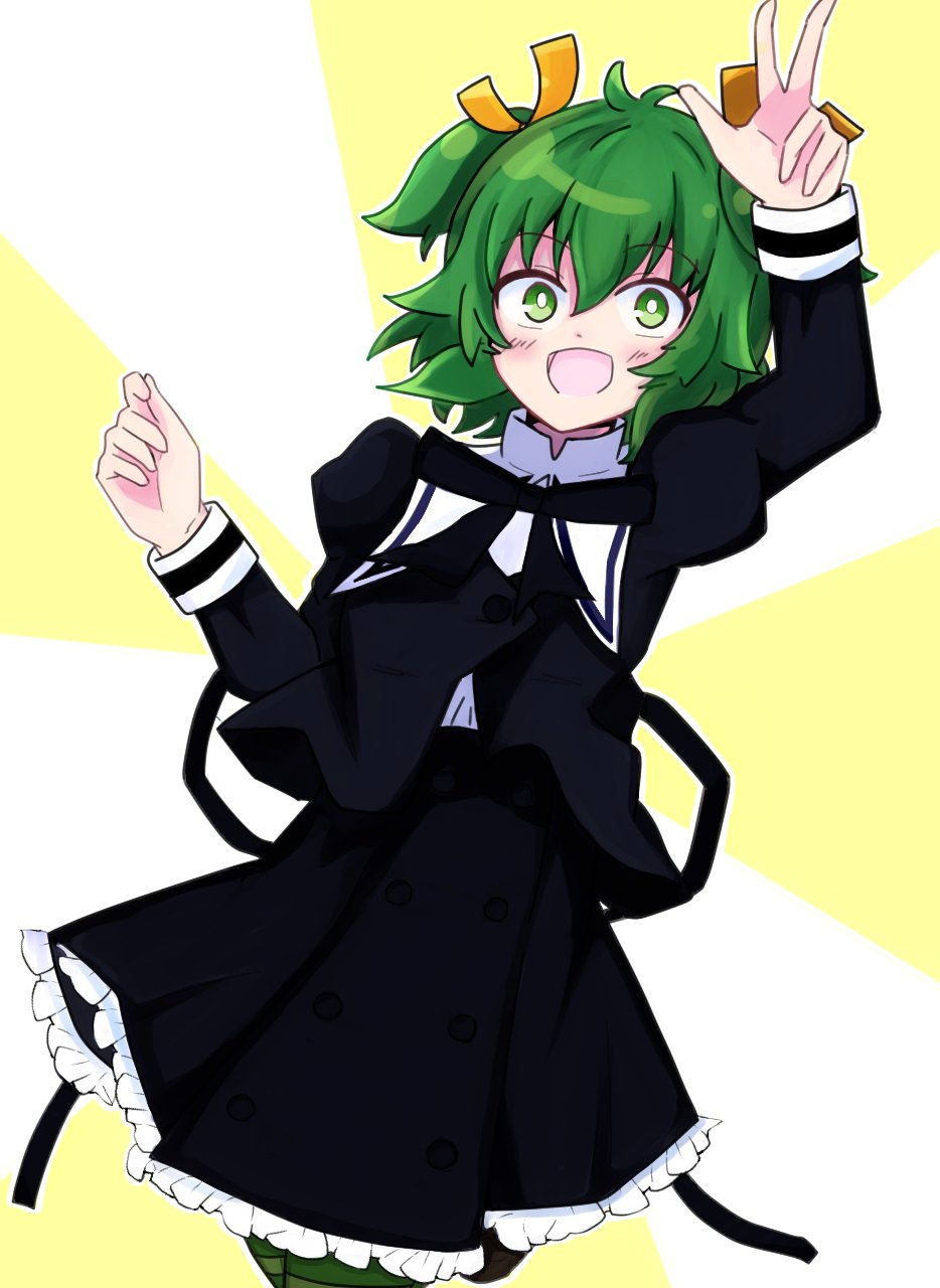1girl :d antenna_hair arm_up assault_lily black_ribbon black_skirt blush bright_pupils brown_shoes buttons commentary_request cowboy_shot cropped_jacket frilled_skirt frills green_eyes green_thighhighs hair_between_eyes hair_ribbon hand_up high-waist_skirt highres horizontal-striped_thighhighs juliet_sleeves leg_up long_sleeves looking_at_viewer miniskirt neck_ribbon open_mouth puffy_sleeves ribbon school_uniform shirt shoes short_hair skirt smile solo standing standing_on_one_leg thighhighs two-tone_background two_side_up w white_background white_pupils white_shirt yellow_background yellow_ribbon yoshimura_thi_mai yurigaoka_girls_academy_school_uniform yuzuki_suzuha