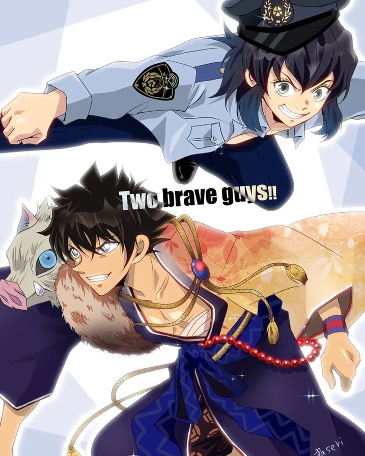 2boys black_footwear black_hair blue_eyes blue_hat blue_kimono blue_pants blue_sash blue_shirt boar_mask collarbone cosplay crossover green_eyes hashibira_inosuke hashibira_inosuke_(cosplay) hat japan_national_police japanese_clothes kimetsu_no_yaiba kimono male_focus matsuda_jinpei matsuda_jinpei_(cosplay) meitantei_conan multicolored_hair multiple_boys obi obijime open_clothes open_shirt pants paseri_(l7dgtxtsnlmfwlb) pearl_belt police police_hat police_uniform sash shirt simple_background two-tone_hair wristband