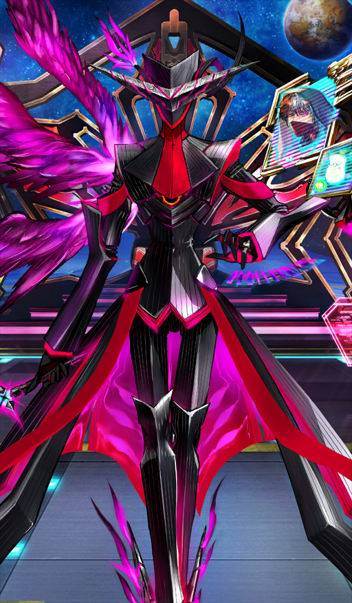 antonio_salieri_(exhibition_attire)_(fate) antonio_salieri_(fate) black_boots black_coat black_gloves black_suit boots cane coat commentary_request covered_face crossed_ankles fate/grand_order fate_(series) feathered_wings feet_out_of_frame formal_clothes gloves holding holding_cane holographic_interface jewelry long_sleeves official_art pfalz pink_wings planet ring spacecraft standing suit tailcoat the_man_in_grey_(fate) third-party_source wings