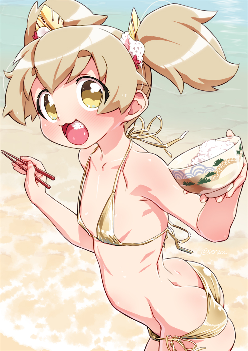 1girl ass beach bikini blonde_hair blush bowl butt_crack chopsticks commentary_request eating flat_chest gold_bikini holding holding_bowl holding_chopsticks looking_at_viewer open_mouth outdoors rice rice_bowl sengoku_collection senzoc side-tie_bikini_bottom skinny smile solo swimsuit thick_eyebrows toyotomi_hideyoshi_(sengoku_collection) twintails water yellow_eyes
