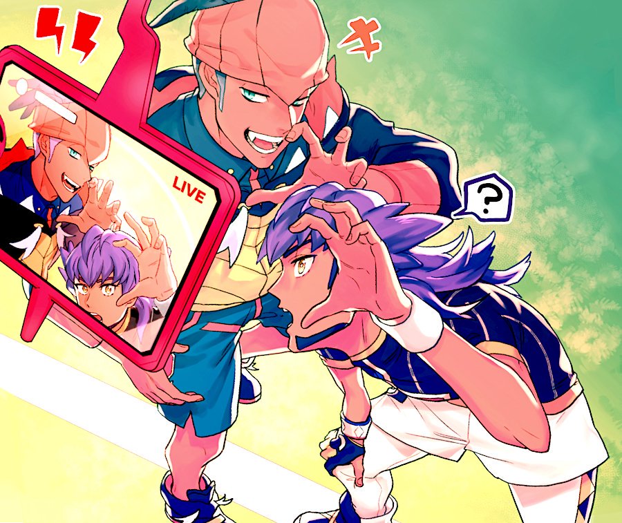 2boys 5_(femfamme) blue_eyes claw_pose creatures_(company) dark-skinned_male dark_skin facial_hair fangs game_freak gen_4_pokemon goatee grey_hair gym_leader hat jersey leon_(pokemon) male_focus multiple_boys nintendo orange_headwear pantyhose pantyhose_under_shorts pokemon pokemon_(creature) pokemon_swsh raihan_(pokemon) rotom rotom_phone shorts smile soccer_field white_legwear white_shorts
