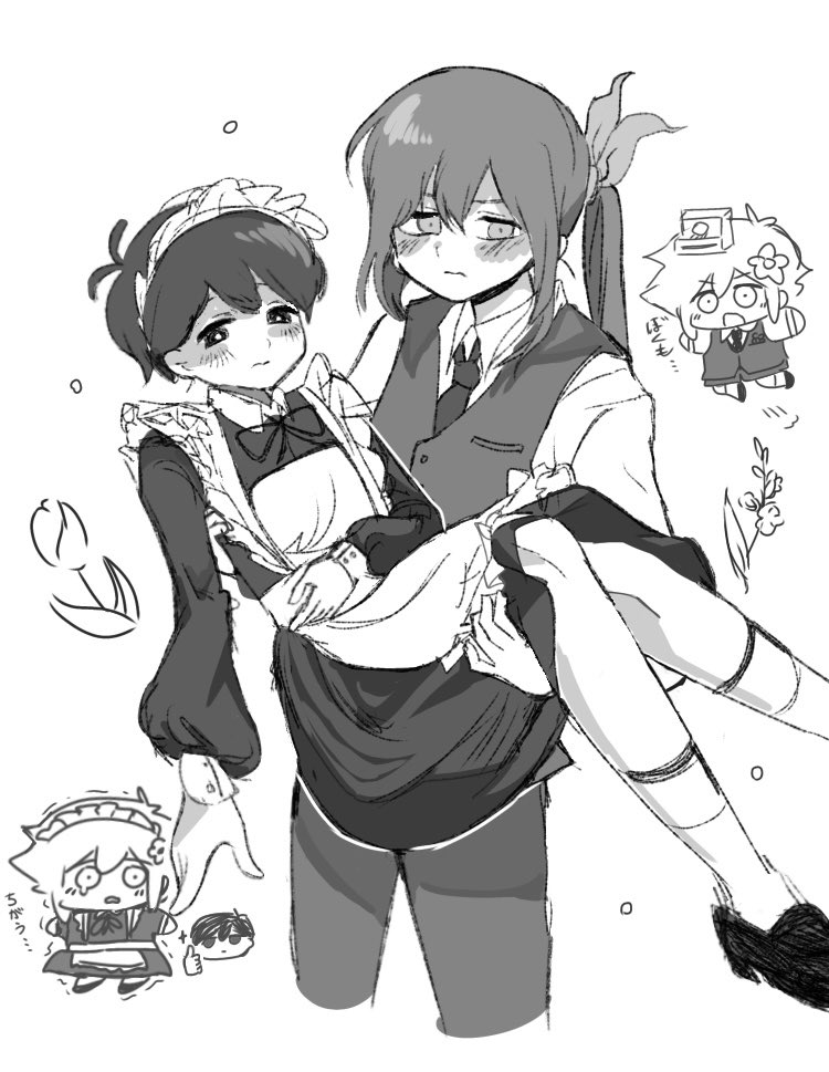 1girl 2boys alternate_costume antenna_hair aubrey_(faraway)_(omori) aubrey_(omori) basil_(faraway)_(omori) basil_(omori) blush bright_pupils butler camera carrying chibi closed_mouth collared_shirt enmaided female_butler flower greyscale hair_flower hair_ornament hair_ribbon itoyu_bluedaisy long_hair long_sleeves maid monochrome multiple_boys necktie omori ponytail princess_carry ribbon shirt shoes short_hair simple_background socks sunny_(omori)