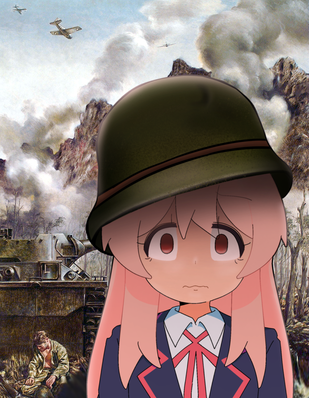 1boy 1girl agentihd aircraft airplane bare_tree brown_eyes combat_helmet day empty_eyes hair_between_eyes helmet highres long_hair looking_at_viewer military_vehicle motor_vehicle non-web_source onii-chan_wa_oshimai! outdoors oyama_mahiro pink_hair school_uniform smoke solo_focus tank the_two-thousand_yard_stare third-party_edit thousand_yard_stare tilted_headwear tree wavy_mouth