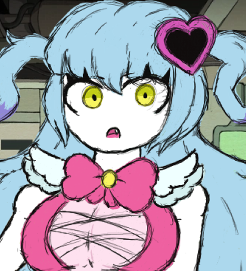 1girl blue_hair breasts colored_skin hair_ornament heart heart_hair_ornament its_archvile lobotomy_corporation long_hair magical_girl medium_breasts multicolored_hair pink_shirt project_moon queen_of_hatred shirt short_twintails twintails upper_body white_skin yellow_eyes