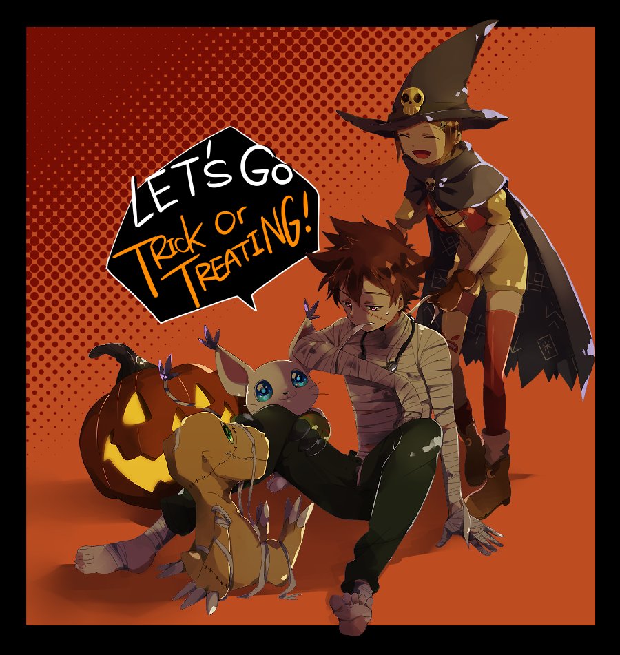 1boy 1girl agumon cosplay digimon english_text halloween halloween_costume pumpkin smile tailmon wizarmon wizarmon_(cosplay) yagami_hikari yagami_taichi