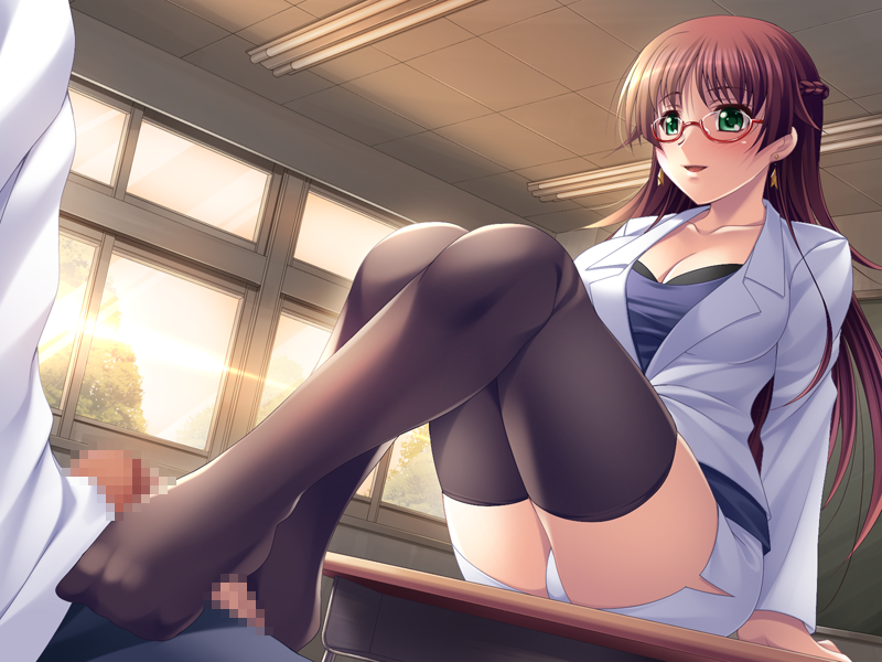 1boy 1girl black_thighhighs brown_hair censored classroom feet female_focus female_teacher footjob game_cg glasses hetero indoors lingerie long_hair mosaic_censoring narutaki_shin no_shoes panties penis potage_(company) rakuin_mesu_kyoushi riddle_soft school sitting smile solo_focus teacher thighhighs underwear