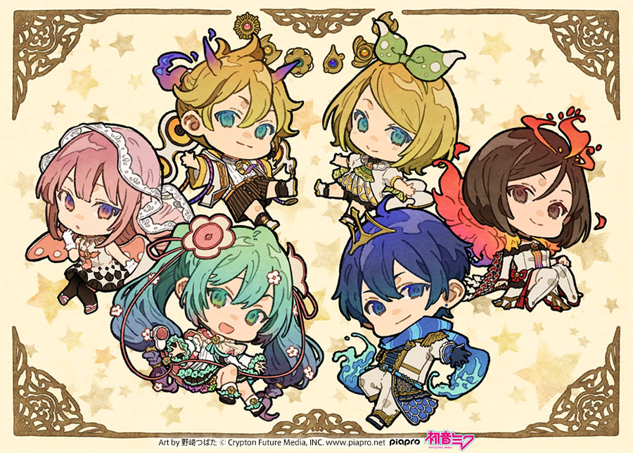 2boys 4girls :d aqua_eyes aqua_hair artist_name black_shorts black_skirt blonde_hair blue_eyes blue_gloves blue_hair blue_scarf bow bow_hairband braid breasts brown_eyes brown_hair cape chibi chibi_only closed_mouth commentary_request copyright_notice dress flower gloves gradient_hair green_bow hair_between_eyes hair_flower hair_ornament hairband hatsune_miku horns kagamine_len kagamine_rin kaito_(vocaloid) logo long_hair magical_mirai_(vocaloid) magical_mirai_kaito magical_mirai_kaito_(2021) magical_mirai_len magical_mirai_len_(2021) magical_mirai_luka magical_mirai_luka_(2021) magical_mirai_meiko magical_mirai_meiko_(2021) magical_mirai_miku magical_mirai_miku_(2021) magical_mirai_rin magical_mirai_rin_(2021) megurine_luka meiko_(vocaloid) multicolored_hair multiple_boys multiple_girls nozaki_tsubata official_art open_mouth pants pink_hair purple_hair scarf second-party_source shirt short_hair shorts skirt smile star_(symbol) striped_clothes striped_shorts veil vocaloid white_gloves white_pants white_shirt