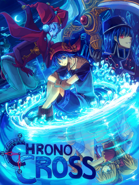 2boys 3girls blonde_hair blue_eyes blue_hair blue_hat blue_shorts blue_skin brown_gloves chrono_cross colored_skin commentary_request copyright_name dark_persona different_reflection gloves hair_ribbon harle_(chrono_cross) hat index_finger_raised jester_cap kid_(chrono_cross) looking_at_viewer miyuki_(0213) moon multiple_boys multiple_girls one_eye_closed pom_pom_(clothes) ponytail red_eyes red_hat reflection ribbon serge_(chrono_cross) short_sleeves shorts sitting