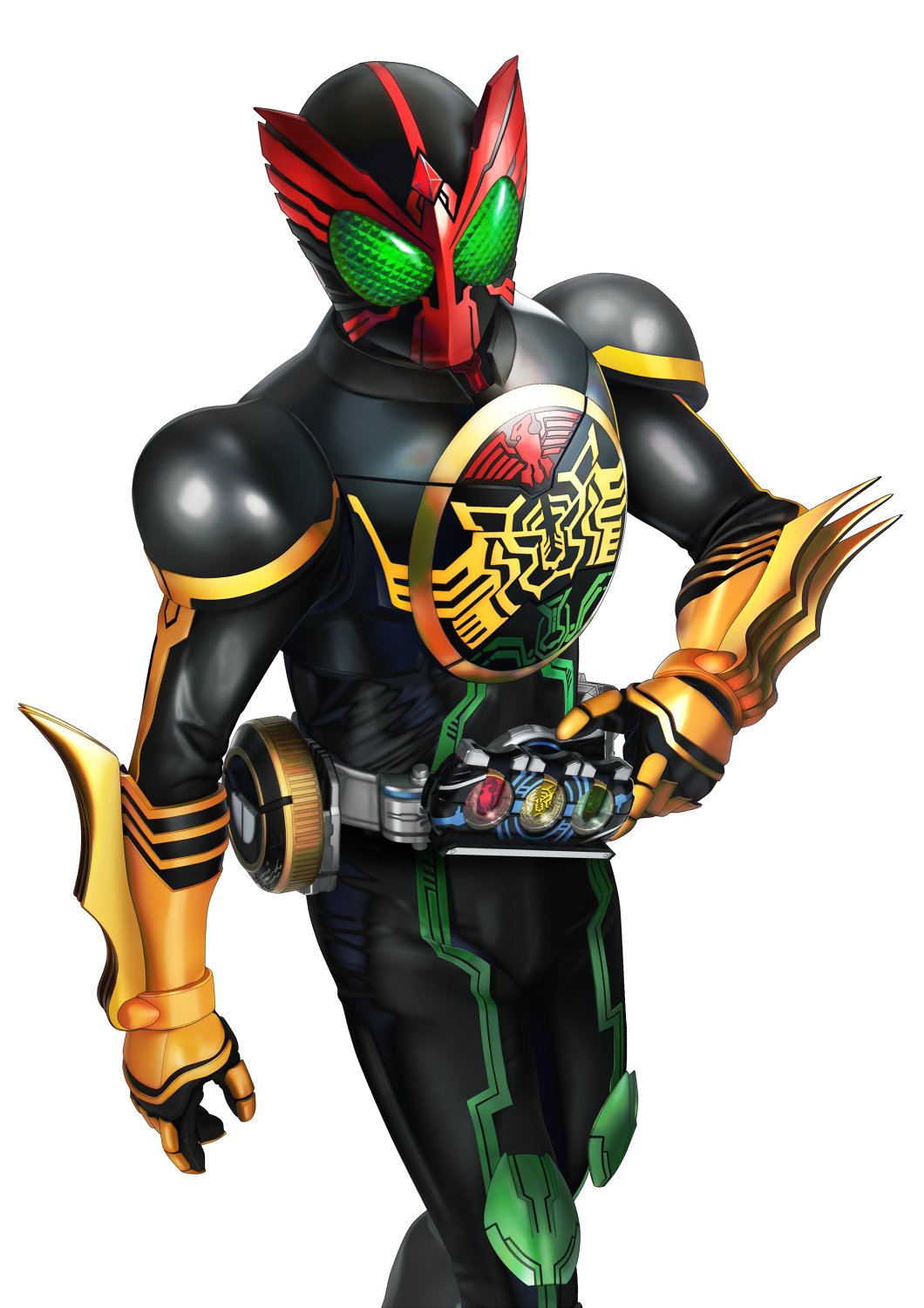 1boy bird bird_wings bug claws commentary compound_eyes core_medal rider_belt forehead_jewel fur_trim gloves gold_trim grasshopper green_eyes green_footwear hawk head_wings helmet hexagon highres insect kamen_rider kamen_rider_ooo kamen_rider_ooo_(series) looking_at_viewer male_focus mask masukudo_(hamamoto_hikaru) ooo_driver pointy_footwear red_headwear red_wings rider_belt simple_background tatoba_(ooo_combo) tiger tokusatsu white_background wings yellow_gloves