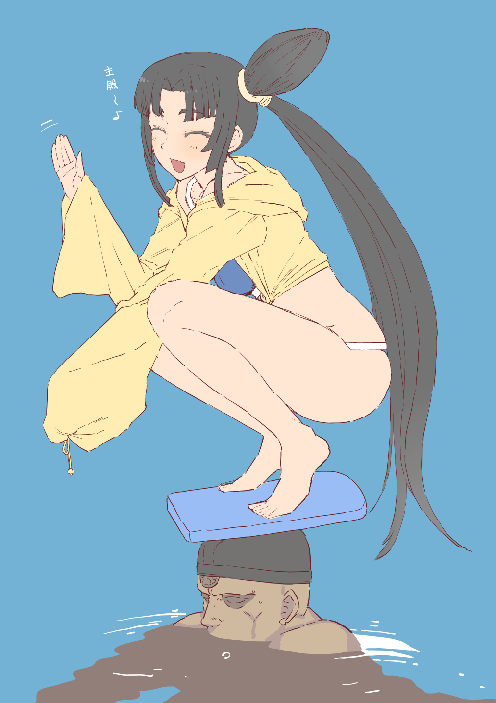 1boy 1girl bikini black_hair blue_bikini blush breasts closed_eyes fate/grand_order fate_(series) from_side hair_bun highres jacket jacket_over_swimsuit kickboard long_hair long_sleeves medium_breasts mo_(kireinamo) musashibou_benkei_(fate) open_mouth parted_bangs side_ponytail sidelocks single_hair_bun smile squatting swimsuit ushiwakamaru_(fate) ushiwakamaru_(fate/grand_order) ushiwakamaru_(swimsuit_assassin)_(fate) very_long_hair water yellow_jacket