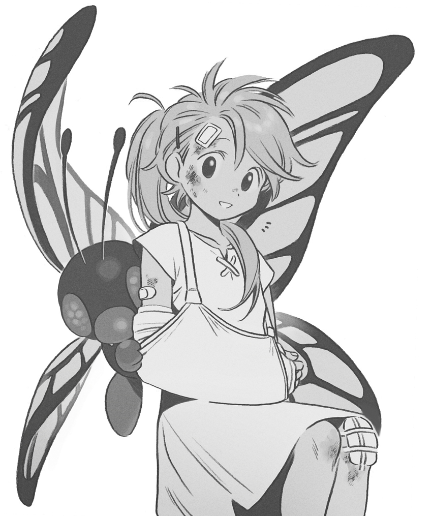 1girl :d arm_cast bandaid bandaid_on_arm bandaid_on_face bandaid_on_forehead bandaid_on_knee bandaid_on_leg behind_another butterfree dot_nose feet_out_of_frame gen_1_pokemon greyscale hair_over_shoulder hiding hiding_behind_another injury invisible_chair light_smile looking_at_viewer messy_hair monochrome nintendo notice_lines open_mouth pokemon pokemon_(creature) pokemon_adventures ponytail seirakun3 short_sleeves simple_background sitting skirt smile solo split_mouth white_background yellow_(pokemon)
