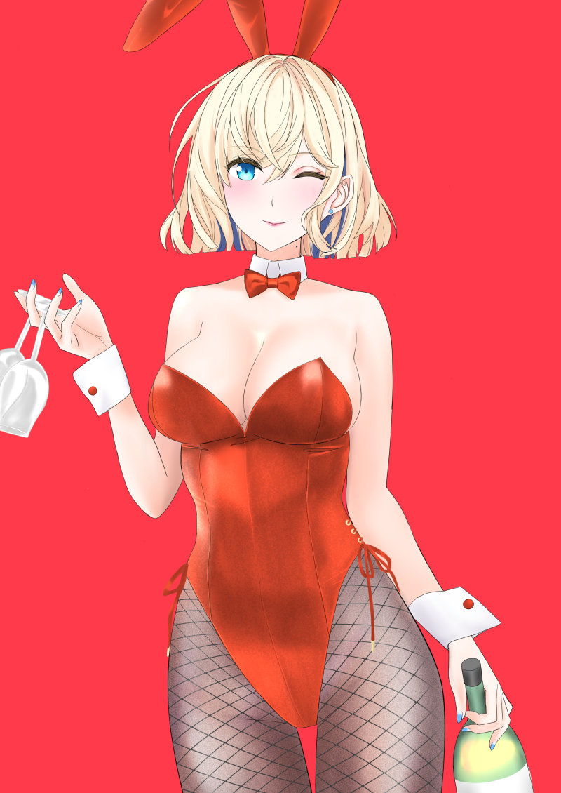 1girl animal_ears black_pantyhose blonde_hair blue_eyes blue_hair bow bowtie breasts champagne_bottle cleavage commentary_request cup detached_collar drinking_glass fake_animal_ears fishnet_pantyhose fishnets gloire_(kancolle) kantai_collection large_breasts leotard multicolored_hair one_eye_closed pantyhose playboy_bunny rabbit_ears red_background red_bow red_bowtie red_leotard short_hair simple_background solo strapless strapless_leotard streaked_hair takase_asagiri thigh_gap wine_glass wrist_cuffs