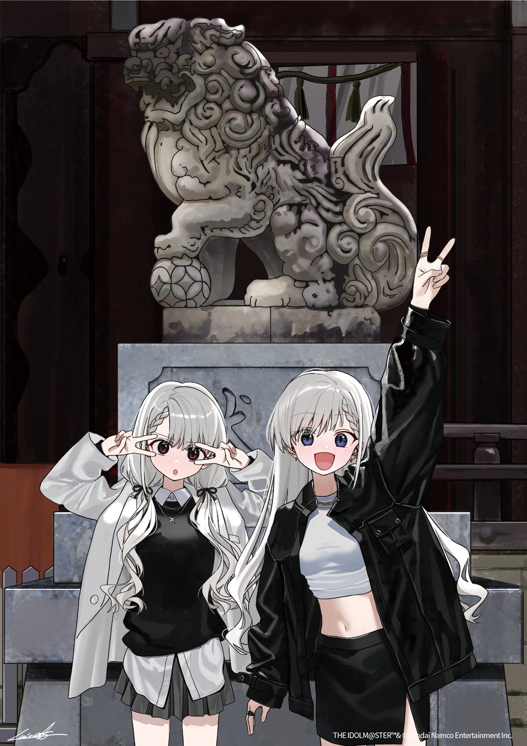2girls bandai_namco black_jacket black_skirt black_sweater braid braided_bangs breasts brown_eyes copyright_notice crop_top double_v fragments_of_the_idolmaster_cinderella_girls grey_eyes grey_hair grey_jacket highres hisakawa_hayate hisakawa_nagi idolmaster idolmaster_cinderella_girls jacket komainu long_hair looking_at_viewer low_twintails luicent multiple_girls official_art open_clothes open_jacket open_mouth painting_(object) siblings side_slit sisters skirt small_breasts smile statue sweater twins twintails v