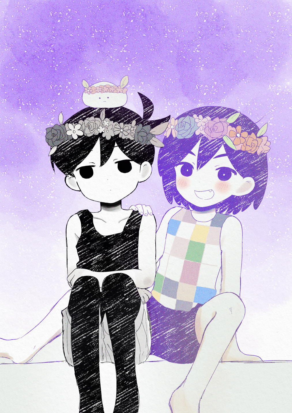 2boys :d antenna_hair arm_support bare_arms bare_shoulders barefoot black_eyes black_hair black_tank_top black_thighhighs blue_flower blue_rose blush bright_pupils checkered_clothes child collarbone colored_skin commentary_request dot_nose double-parted_bangs empty_eyes fang feet_out_of_frame film_grain fingernails flower flower_wreath grey_flower grey_rose hair_behind_ear hair_between_eyes hand_on_another&#039;s_shoulder head_wreath highres kel_(headspace)_(omori) kel_(omori) leaf male_focus multiple_boys no_pupils omori omori_(omori) open_mouth orange_flower orange_rose over-kneehighs pokoponpen purple_background purple_eyes purple_flower purple_hair purple_rose purple_shorts rose short_hair shorts simple_background sitting smile spread_legs tank_top thighhighs v-shaped_eyebrows very_short_hair white_pupils white_shorts white_skin