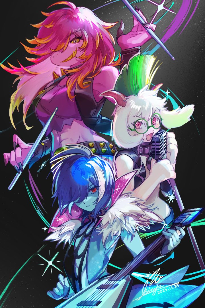 1boy 1girl 1other abs ahoge animal_ears bare_shoulders belt black_background black_belt black_gloves black_jacket black_nails blue_hair blue_jacket choker closed_mouth colored_sclera colored_skin colored_teeth colored_tips commentary_request crop_top cropped_torso dated deltarune dinosaur_girl drumsticks electric_guitar fangs fingernails freckles fur-trimmed_jacket fur_trim glasses gloves goat_boy goat_ears goat_horns green-framed_eyewear green_hair grin guitar hair_over_one_eye holding holding_drumsticks holding_guitar holding_instrument holding_microphone horns instrument jacket kaimya1118 kris_(dark_world)_(deltarune) kris_(deltarune) kris_(lightners_live)_(deltarune) long_fingernails long_hair looking_at_viewer microphone microphone_stand mohawk monster_girl multicolored_hair one_eye_covered open_mouth partially_fingerless_gloves pink_eyes pink_hair pink_skin purple_shirt ralsei ralsei_(lightners_live) red_eyes round_eyewear sharp_fingernails sharp_teeth shirt signature sleeveless sleeveless_jacket smile sparkle spiked_choker spikes studded_belt susie_(dark_world)_(deltarune) susie_(deltarune) susie_(lightners_live)_(deltarune) teeth toned toned_female two-tone_hair utdr_(toby_fox) yellow_eyes yellow_sclera yellow_teeth