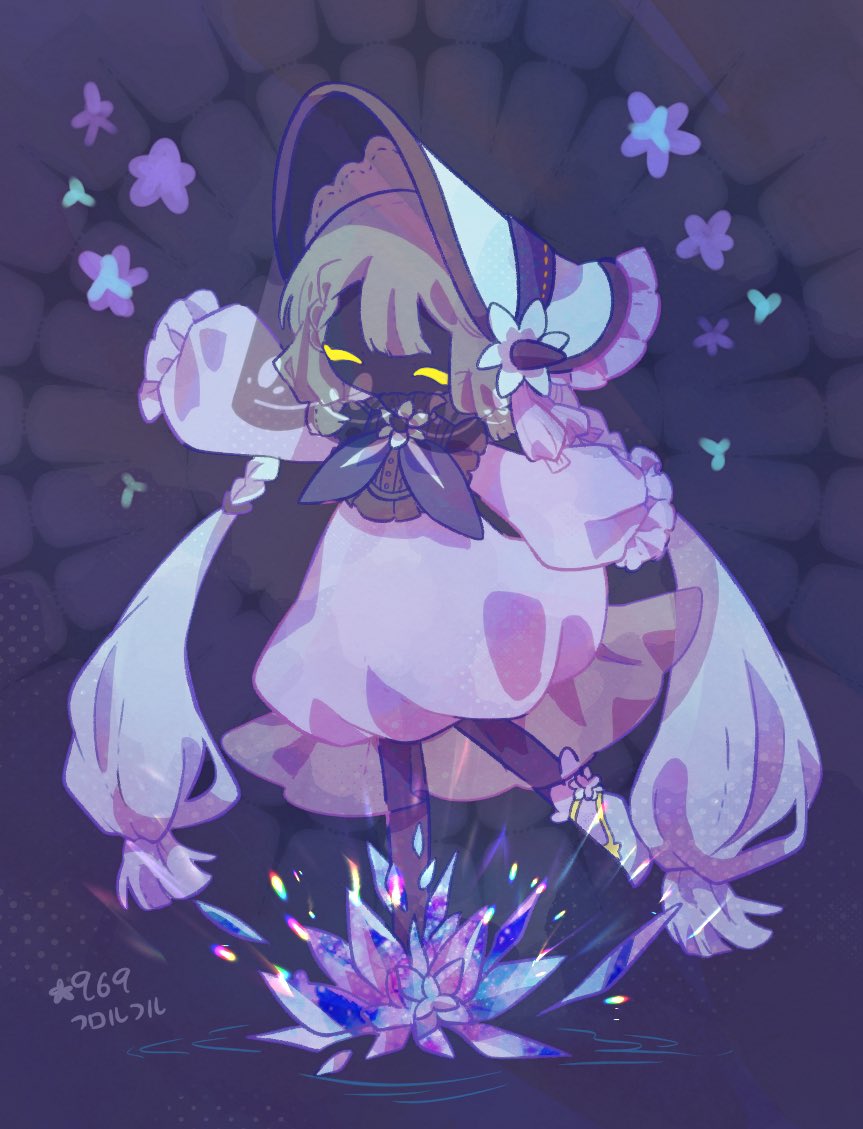 1girl ^_^ black_skin blue_hair bonnet closed_eyes colored_skin dress full_body game_freak glimmet grey_hair leg_up light_blue_hair long_hair long_sleeves mugimochi_g multicolored_hair nintendo no_mouth no_nose outstretched_arms personification pokedex_number pokemon puffy_long_sleeves puffy_sleeves purple_dress purple_shoes shoes sleeves_past_fingers sleeves_past_wrists solo spread_arms standing standing_on_one_leg twintails two-tone_hair very_long_hair