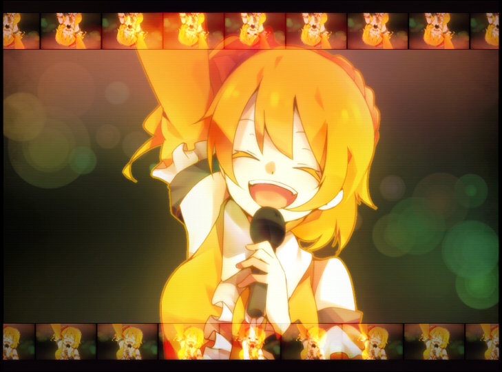 1girl aka_tonbo_(lililil) blonde_hair bow closed_eyes detached_sleeves dress female_focus frills hair_bow kagerou_project kisaragi_attention_(vocaloid) kisaragi_momo microphone open_mouth short_hair side_ponytail smile solo vocaloid