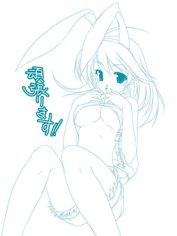 1girl 2000s_(style) animal_ears backpack bag blacksmith_(ragnarok_online) blue_theme blush breasts crop_top fake_animal_ears feet_out_of_frame fur-trimmed_shorts fur_trim kinoshita_ichi large_breasts long_hair looking_at_viewer open_mouth rabbit_ears ragnarok_online short_shorts shorts simple_background sitting smile solo translation_request underboob