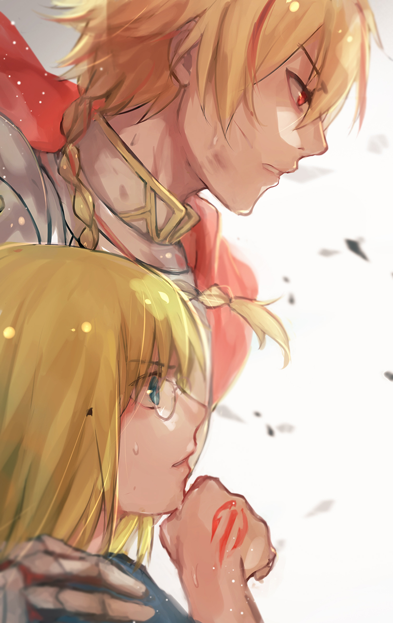 1boy 1girl armor blonde_hair braid cape command_spell fate/strange_fake fate_(series) fuurin glasses highres long_hair multicolored_hair red_cape red_eyes red_hair richard_i_(fate) sajou_ayaka_(fate/prototype) sajou_ayaka_(fate/strange_fake) single_braid streaked_hair
